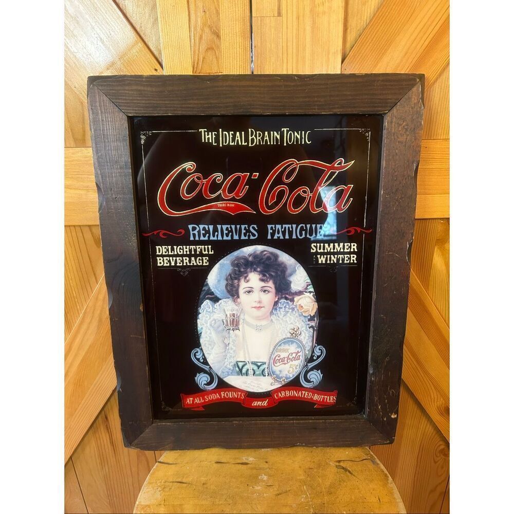 Vtg Coca Cola Glass Mirror Sign Advertisement Framed Brain Tonic Relieves Fatigu